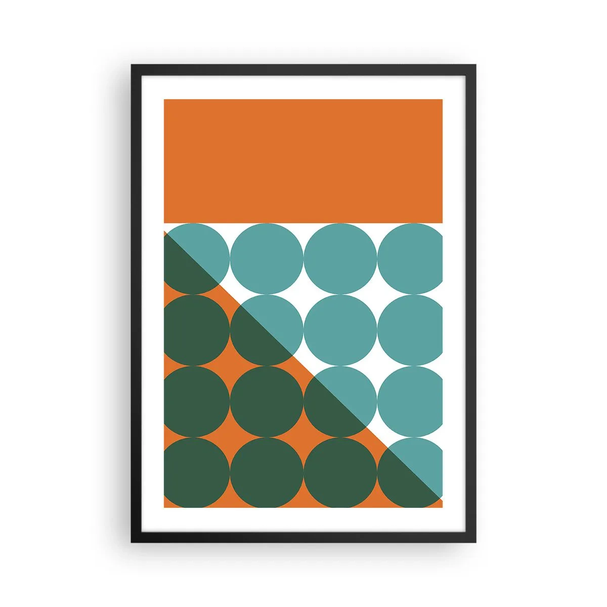Poster in black frame - Abstract geometric composition with circles in shades of orange and green. - 50x70cm - Upwards and Diagonally - Modern wall decoration for the living room and bedroom ARTTOR