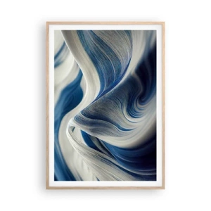 Poster in light oak frame - Fluidity of Blue and White - 70x100 cm