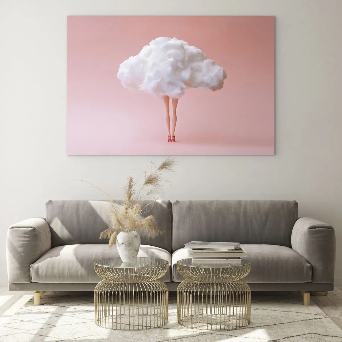 Glass picture - A woman's figure with a cloud instead of a dress against a pastel pink background. - 70x50cm - Sweet Promise - Modern wall decoration for the living room and bedroom ARTTOR