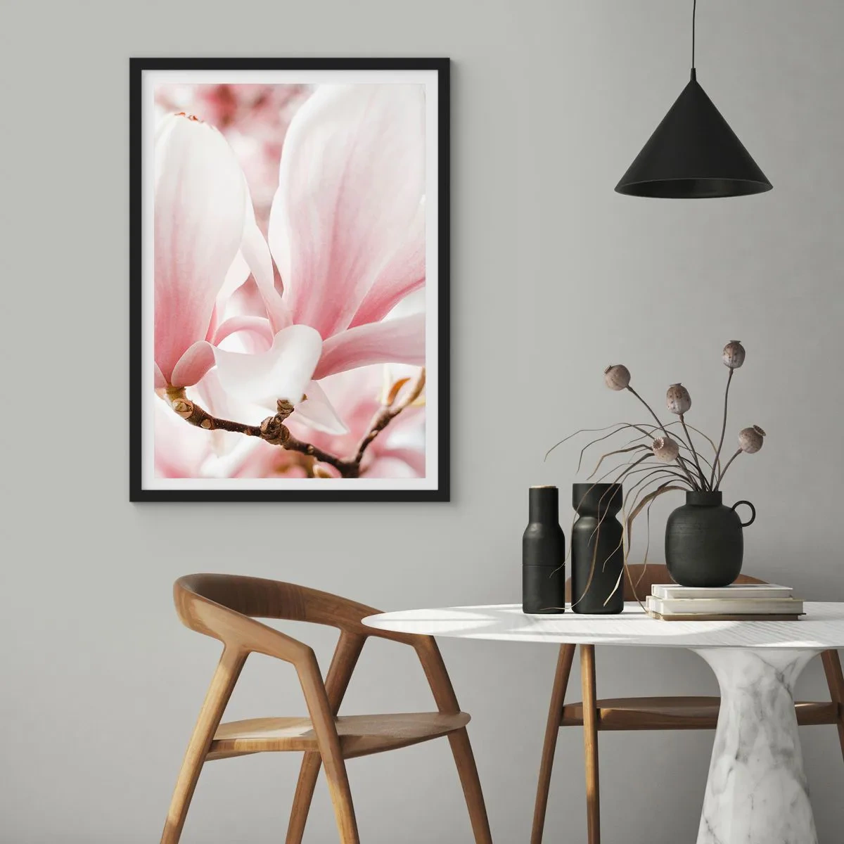 Poster in black frame - Delicate pink magnolia petals on a blurred background - 50x70cm - Immensity of Tenderness - Modern wall decoration for the living room and bedroom ARTTOR