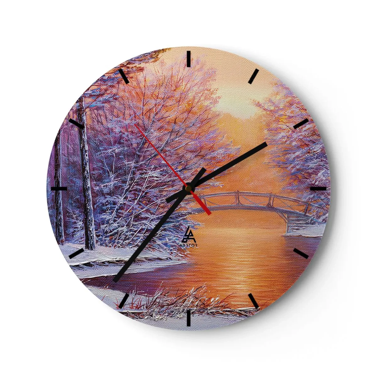 Wall clock - Clock on glass - Winter landscape with a bridge over a river, trees and snow - 30x30cm - Let's Meet Here - Modern wall decoration for the living room, kitchen, and bedroom ARTTOR