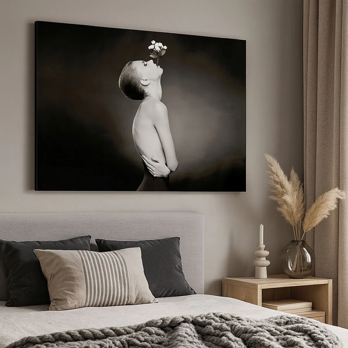 Canvas picture - Black and white silhouette of a woman with a flower - 70x50cm - Eccentric Elegance - Modern wall decoration for the living room and bedroom ARTTOR