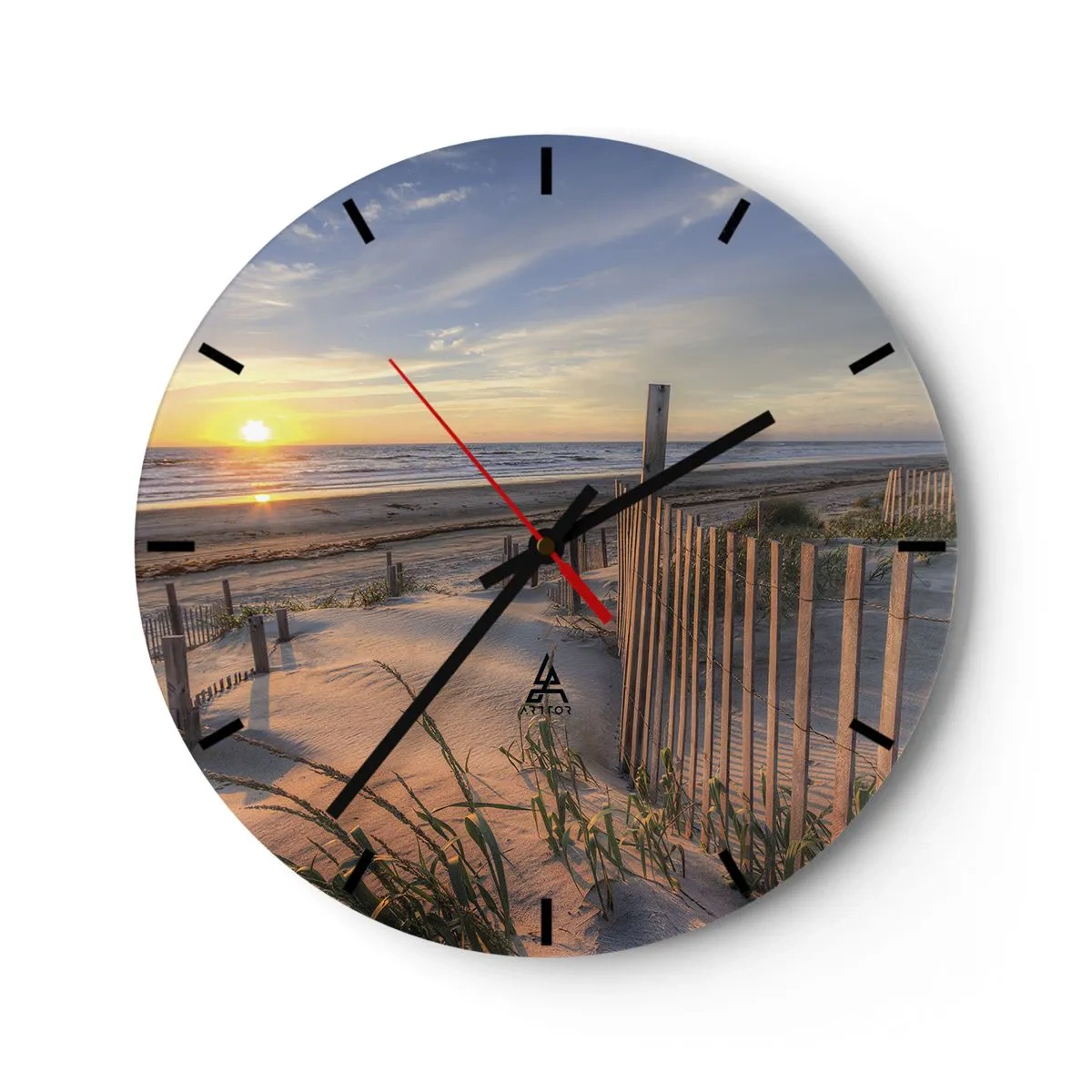 Wall clock - Clock on glass - Beach with dunes at sunset - 30x30cm - Light and Shade of the Wind - Modern wall decoration for the living room, kitchen, and bedroom ARTTOR