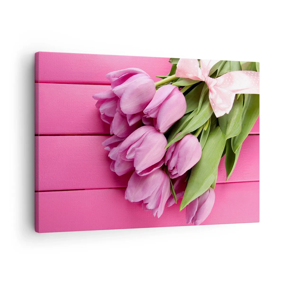 Canvas picture - A bouquet of pink tulips with a bow on a pink background - 70x50cm - Especially for You - Modern wall decoration for the living room and bedroom ARTTOR