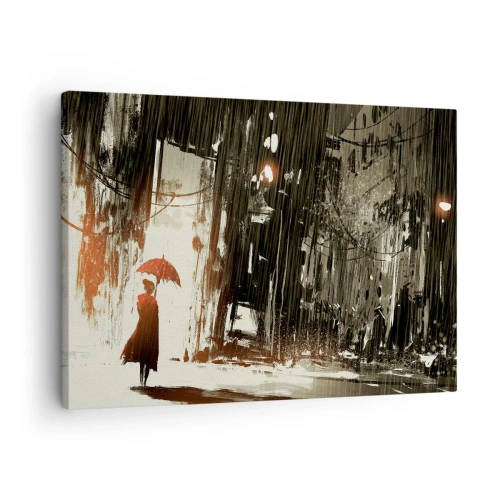 Canvas picture - red figure with an umbrella in a rainy scene - 70x50cm - Poetry of a Red Umbrella - Modern wall decoration for the living room and bedroom ARTTOR