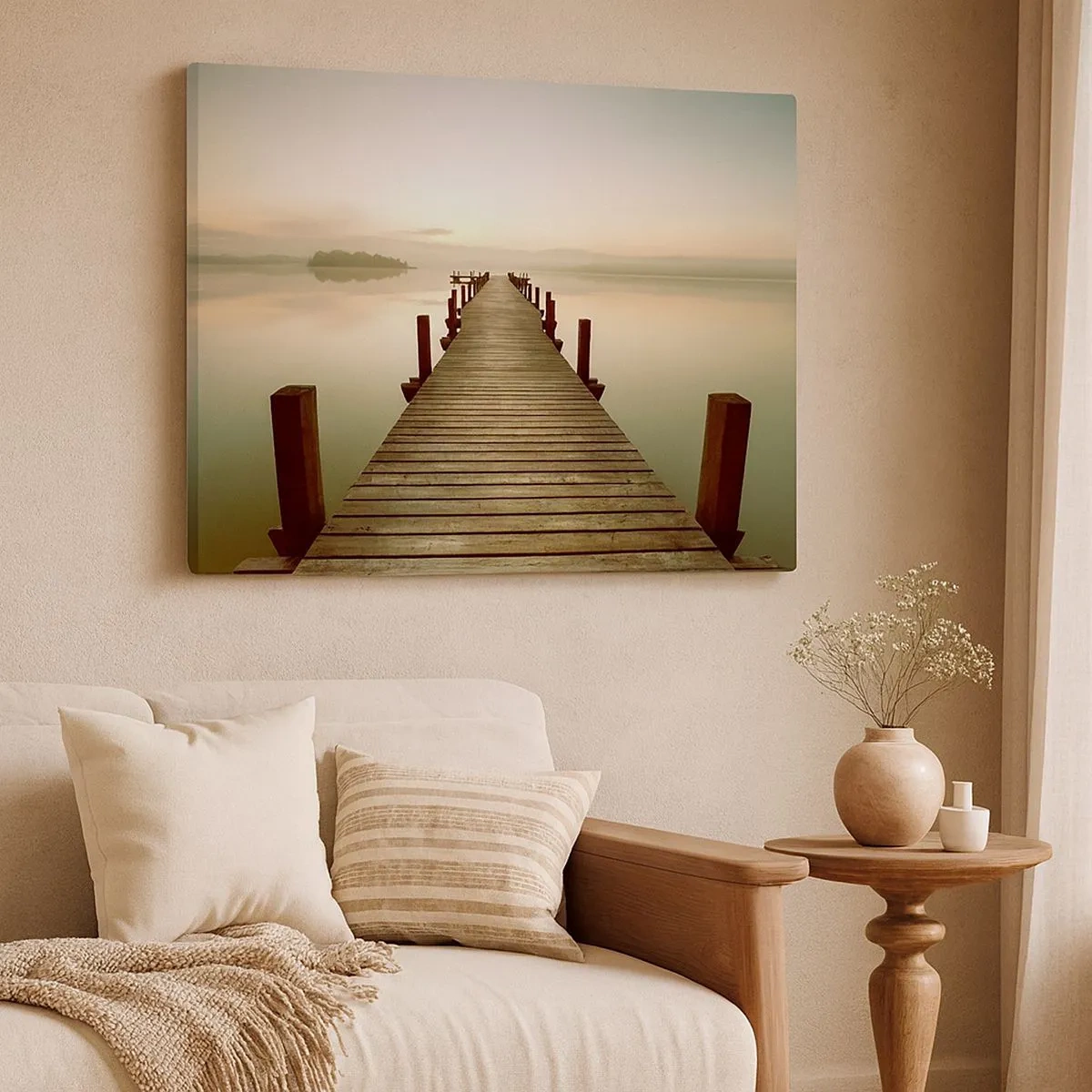 Canvas picture - A wooden jetty on a calm lake in the morning - 70x50cm - Before Dawn, Dawn, Light - Modern wall decoration for the living room and bedroom ARTTOR