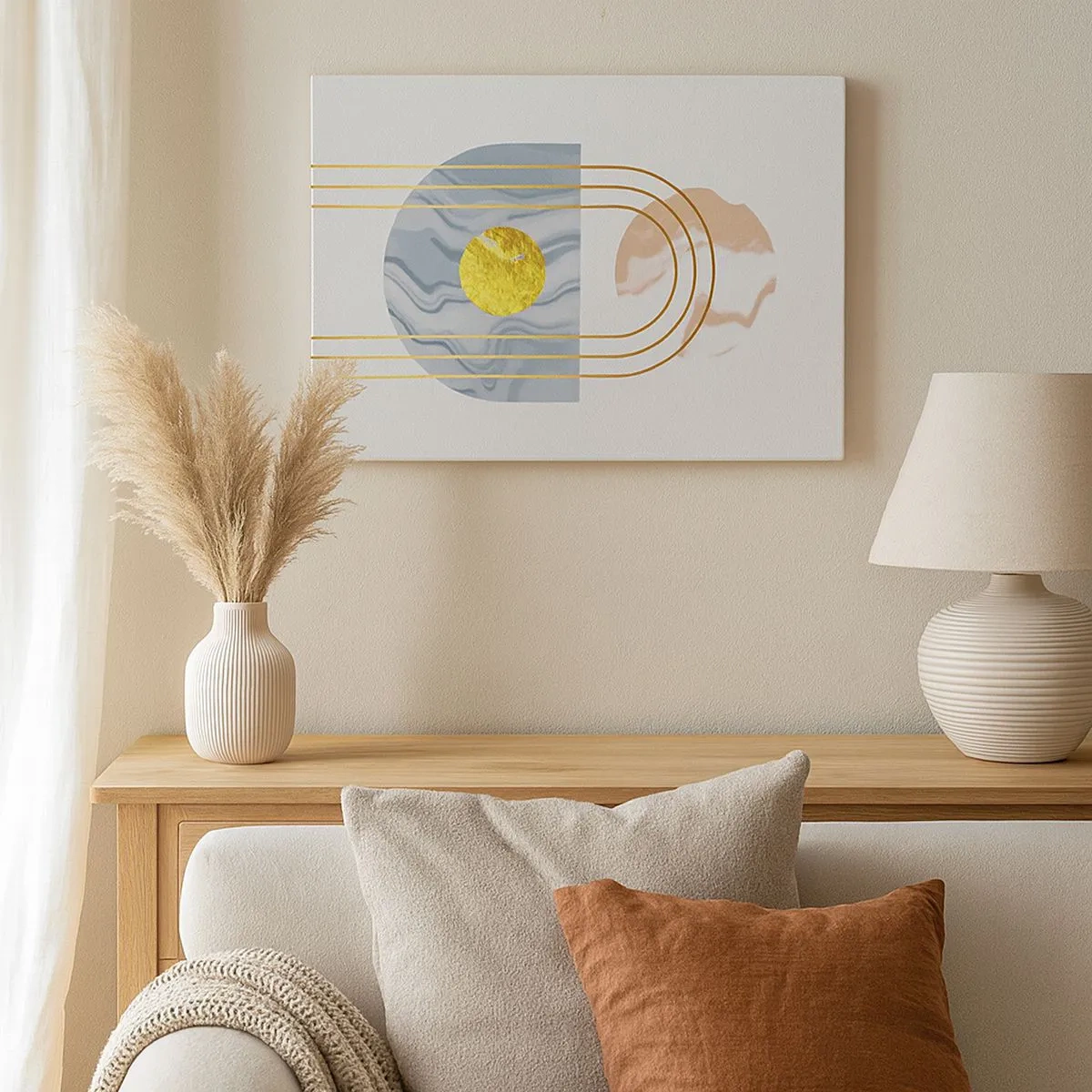 Canvas picture - Abstract composition with circles and golden lines on a light background. - 70x50cm - Brightness nad Shine - Modern wall decoration for the living room and bedroom ARTTOR