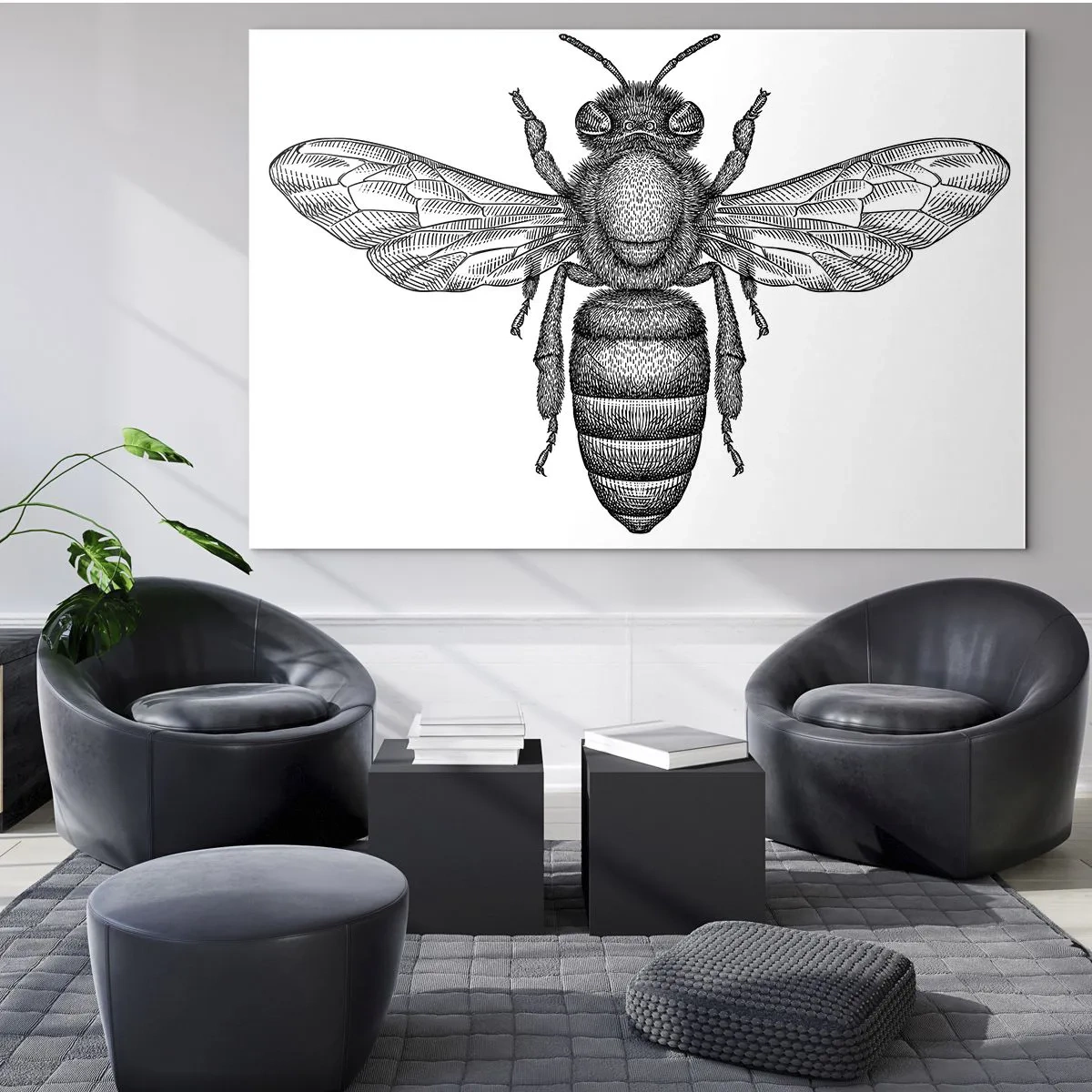 Glass picture - Detailed illustration of a retro bee on a white background - 70x50cm - Insect Portrait - Modern wall decoration for the living room and bedroom ARTTOR