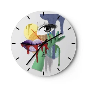 Wall clock - Clock on glass - Expressive abstraction with an eye, mouth, and colorful elements - 30x30cm - Deconstructed Portrait - Modern wall decoration for the living room, kitchen, and bedroom ARTTOR