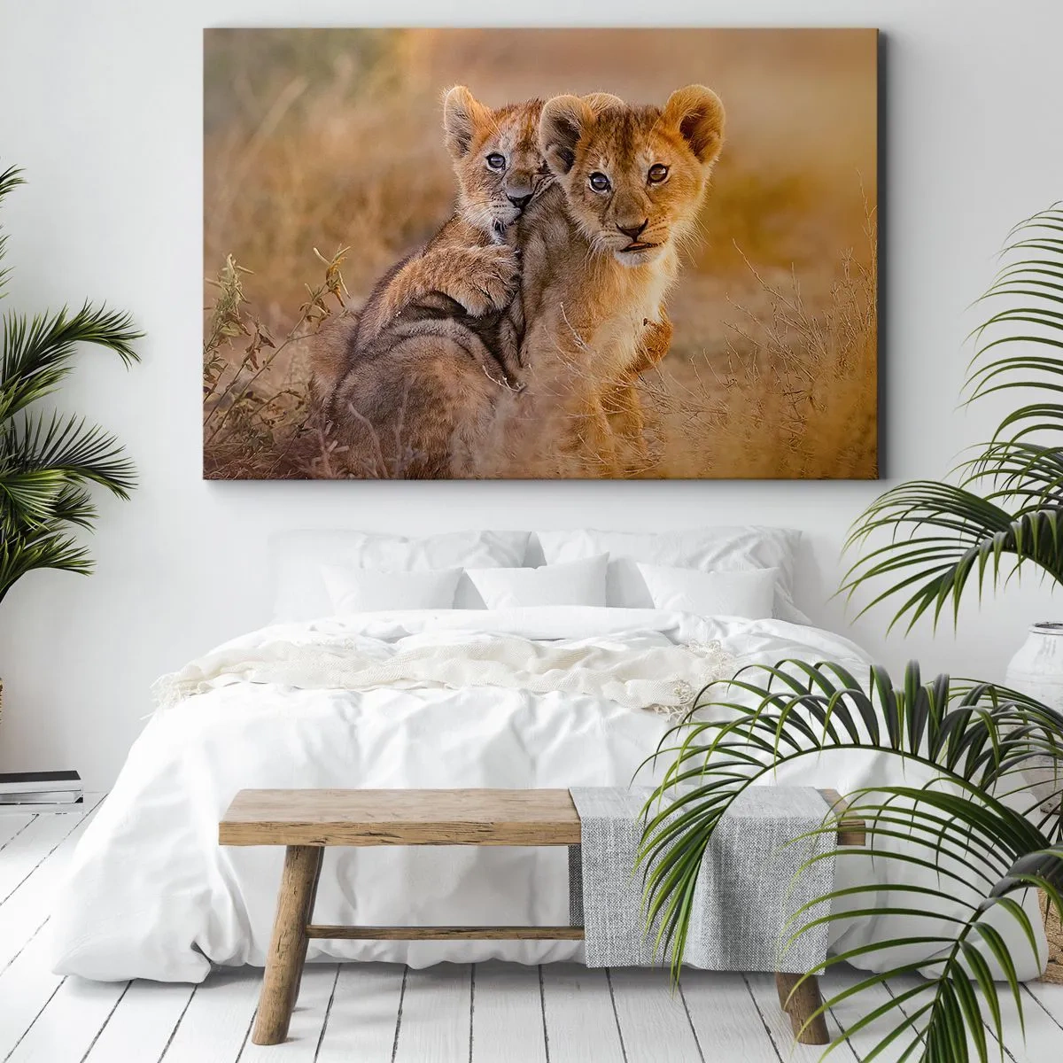 Canvas picture - Adorable lion cubs in their natural surroundings - 70x50cm - Do Not Disturb! We Are Playing - Modern wall decoration for the living room and bedroom ARTTOR