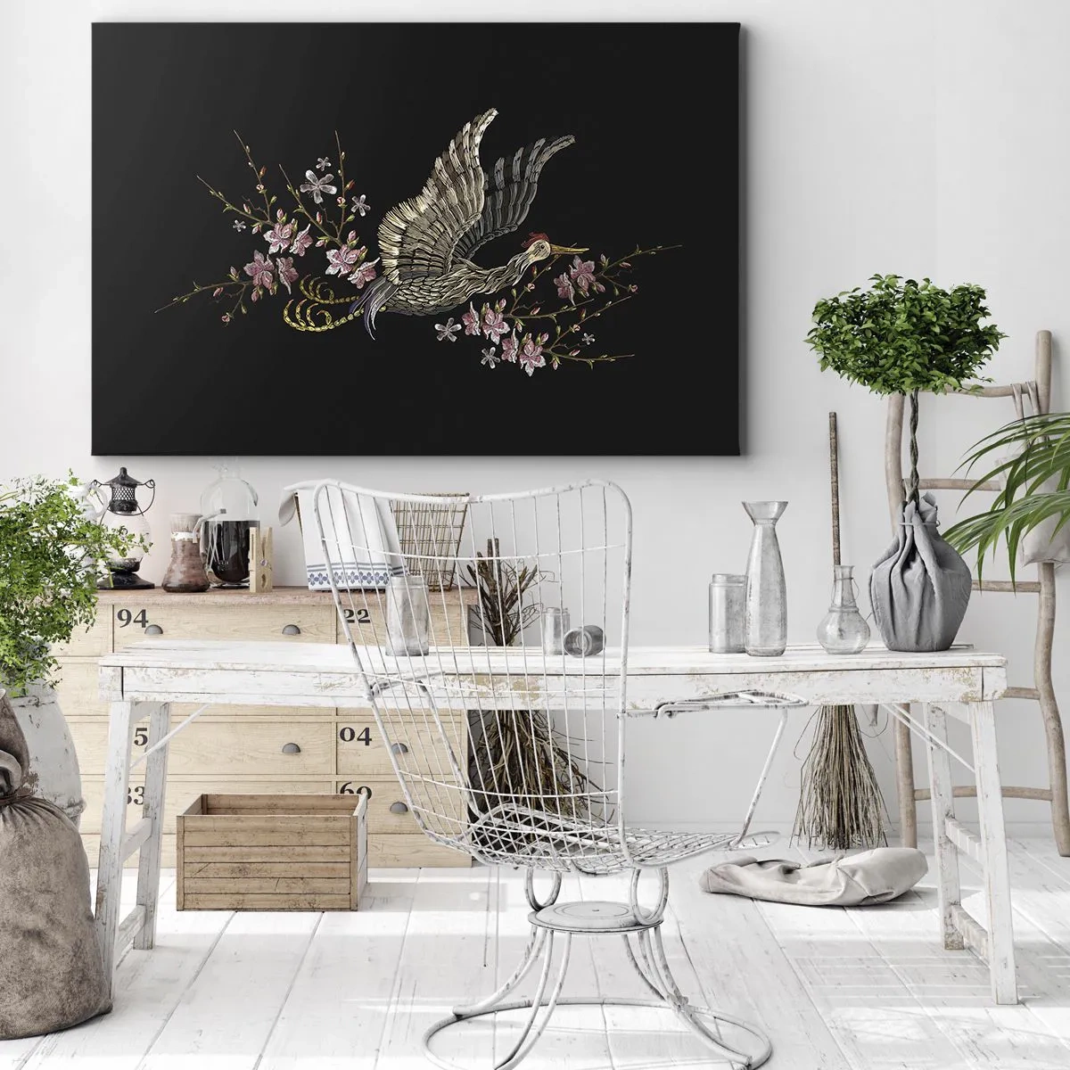 Canvas picture - A bird in flight with flowers on a black background - 70x50cm - Exotic, Embroidered Bird - Modern wall decoration for the living room and bedroom ARTTOR