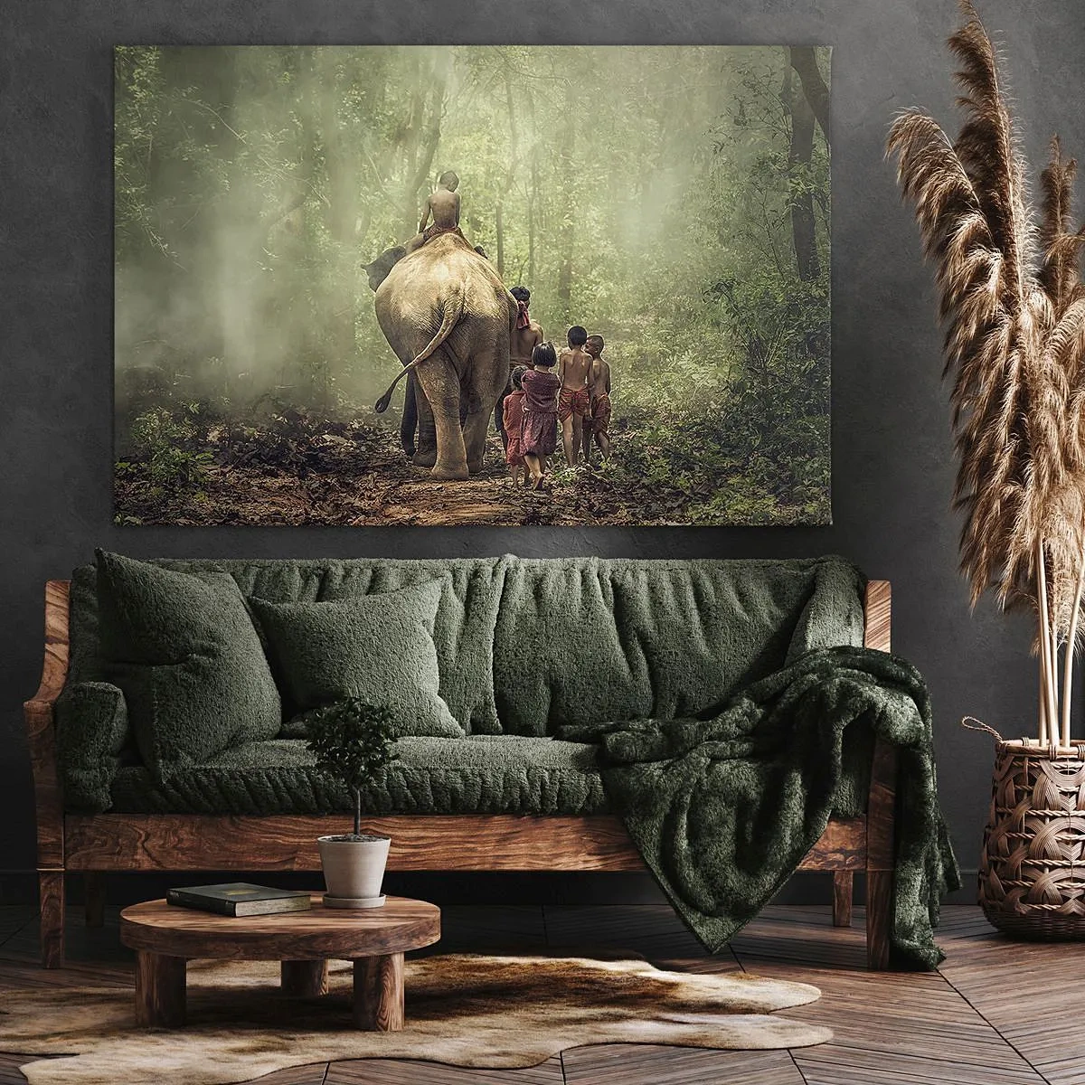 Canvas picture - Children with an elephant in a green forest in the morning light - 70x50cm - New Jungle Book - Modern wall decoration for the living room and bedroom ARTTOR