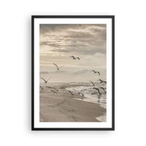 Poster in black frame - Seagulls hovering over the seashore under a cloudy sky - 50x70cm - Sound of the Sea, Singing of the Birds - Modern wall decoration for the living room and bedroom ARTTOR