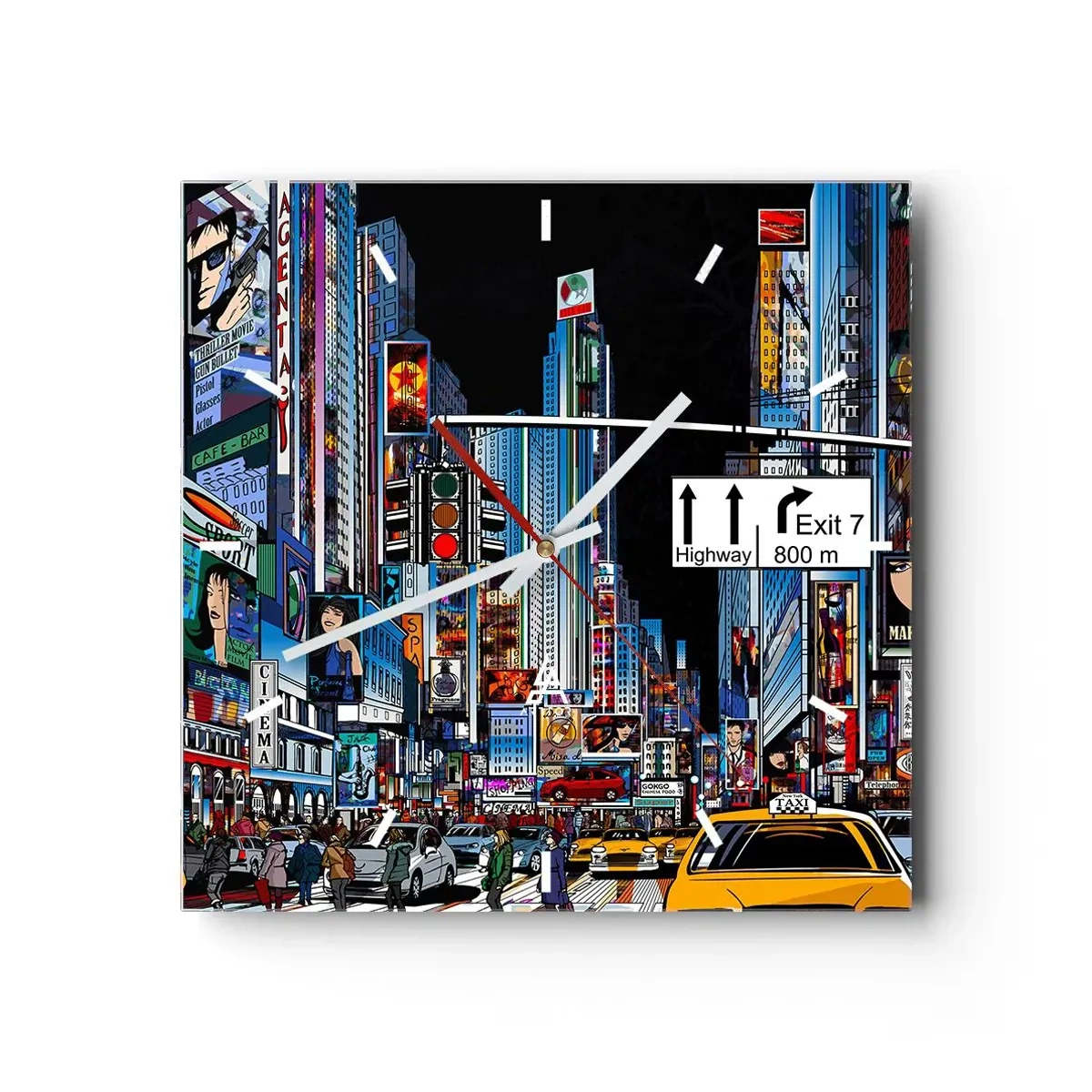 Wall clock - Clock on glass - Comic Night in a Big City - 40x40 cm