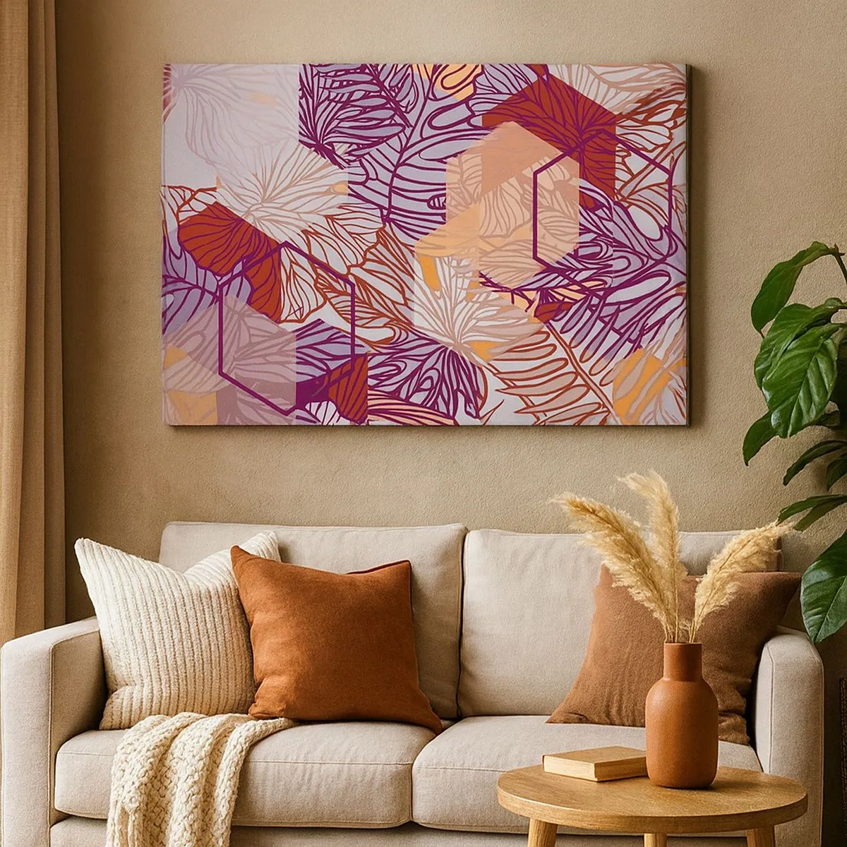 Canvas picture - A decorative tropical leaf pattern in shades of purple, orange, and beige. - 70x50cm - Impossible Union of Geometry and Nature - Modern wall decoration for the living room and bedroom ARTTOR