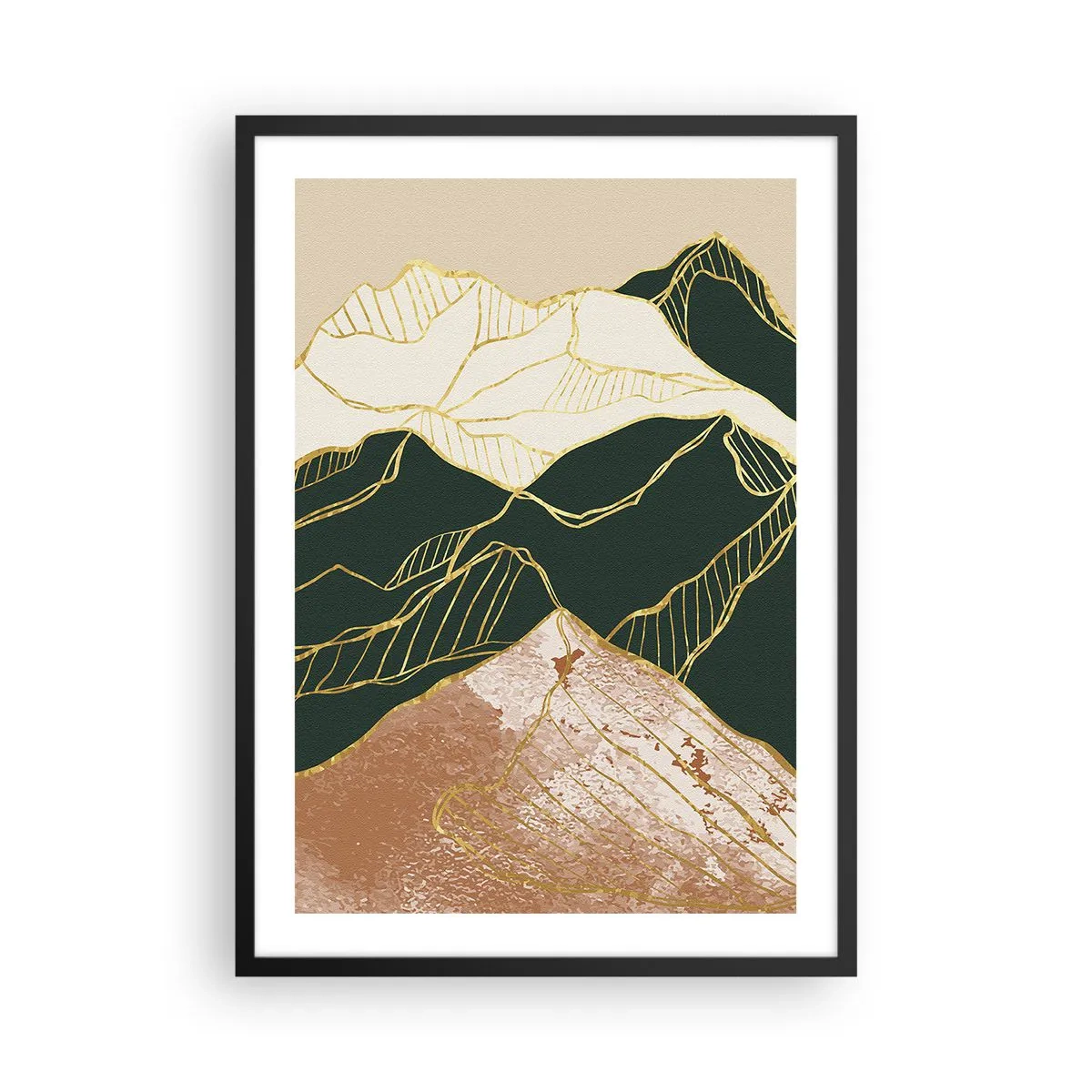 Poster in black frame - Abstract golden lines creating a mountain landscape - 50x70cm - Golden Peaks - Modern wall decoration for the living room and bedroom ARTTOR