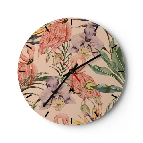 Wall clock - Clock on glass - Flamingos and flowers on a beige background - 30x30cm - Pink Ballet among Flowers - Modern wall decoration for the living room, kitchen, and bedroom ARTTOR