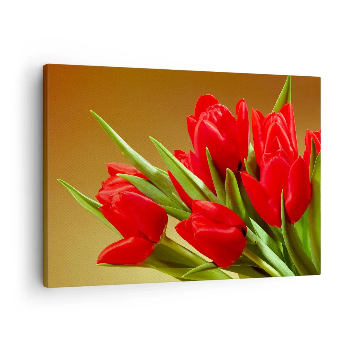 Canvas picture - bouquet of red tulips on a gold background with green leaves. - 70x50cm - Bunch of Spring Joy - Modern wall decoration for the living room and bedroom ARTTOR