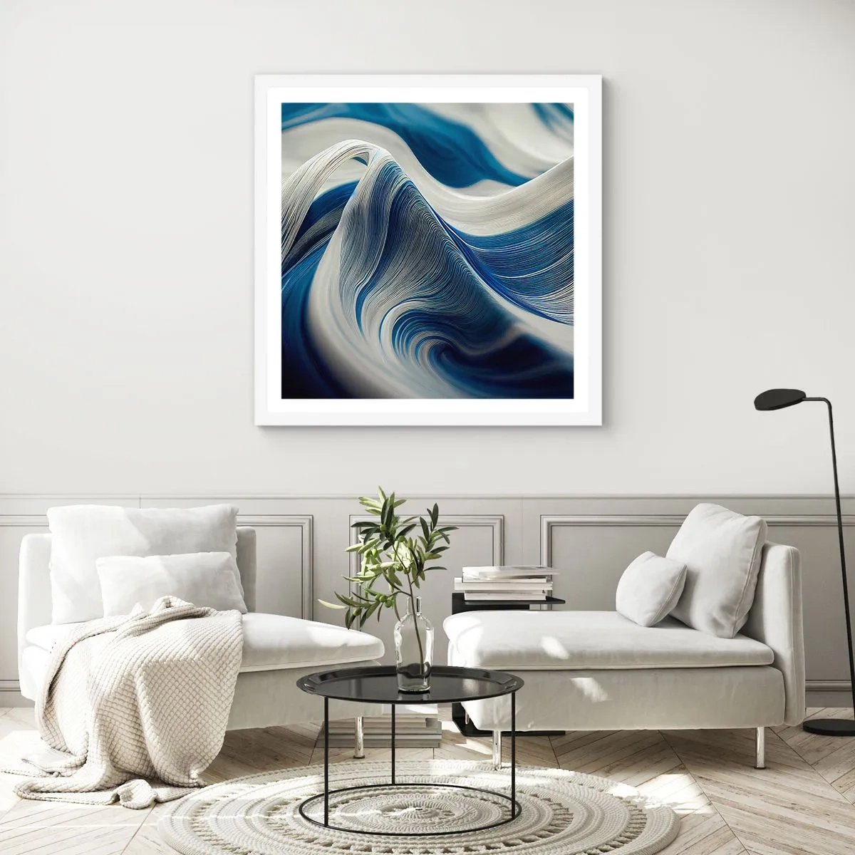 Poster in white frmae - Fluidity of Blue and White - 60x60 cm