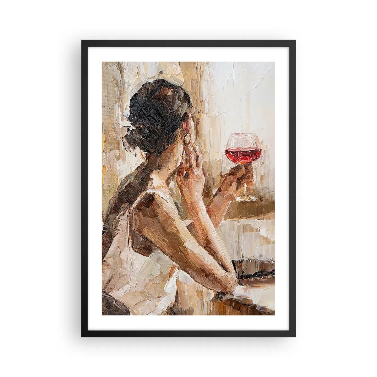 Poster in black frame - A woman holding a glass of wine, looking thoughtful - 50x70cm - Taste of a Good Moment - Modern wall decoration for the living room and bedroom ARTTOR