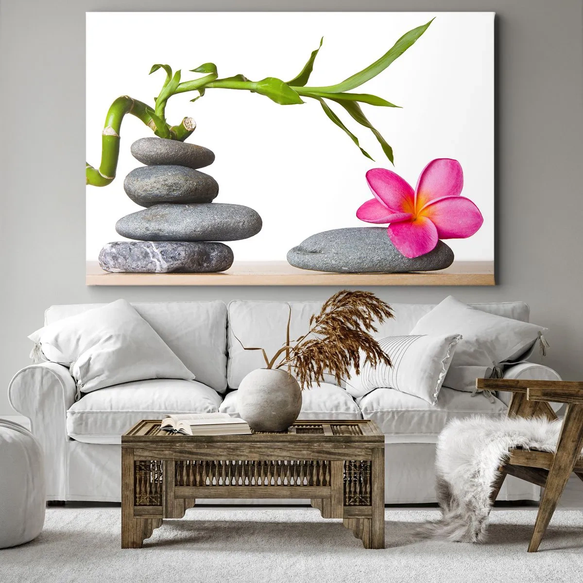 Canvas picture - Bamboo and pink flower on zen-style stones - 70x50cm - Colours of Life - Modern wall decoration for the living room and bedroom ARTTOR