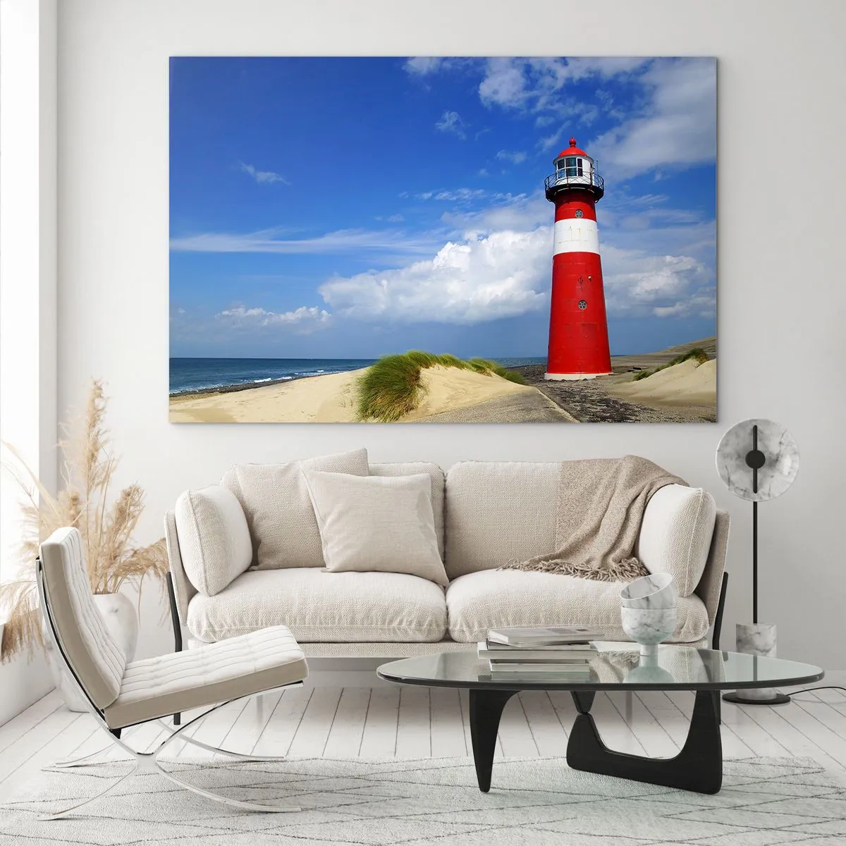 Glass picture - A red lighthouse against a blue sky - 70x50cm - Dreamlike Solitude - Modern wall decoration for the living room and bedroom ARTTOR