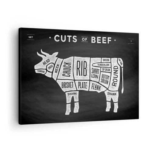 Canvas picture - Diagram of beef cuts on a black background - 70x50cm - Time for a Feast - Modern wall decoration for the living room and bedroom ARTTOR
