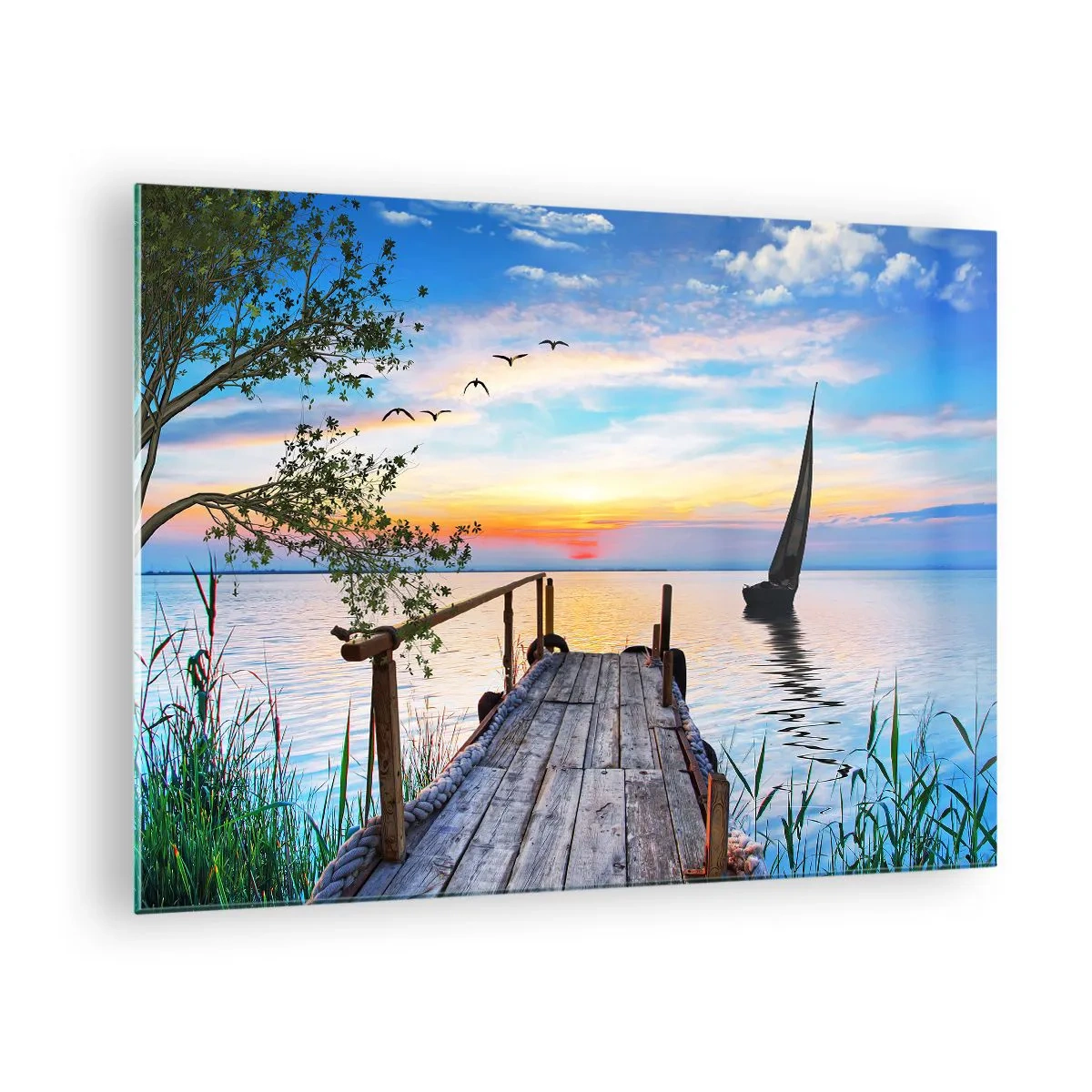 Glass picture - A lakeside jetty at sunset with a sailboat in the background - 70x50cm - Good Evening - Modern wall decoration for the living room and bedroom ARTTOR