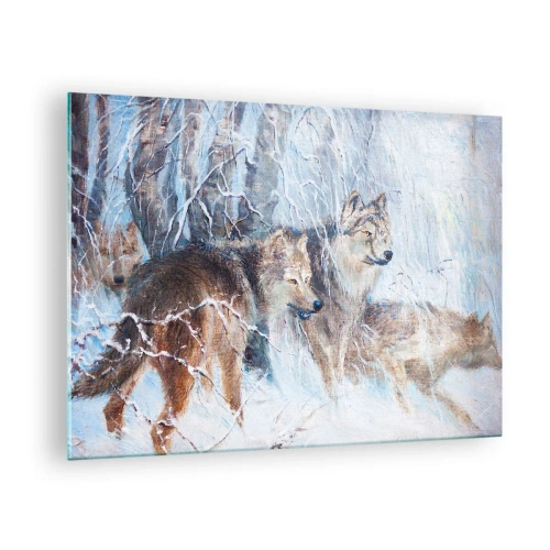 Glass picture - Three wolves in a winter forest surrounded by snow - 70x50cm - Watch out! It Is Coming - Modern wall decoration for the living room and bedroom ARTTOR