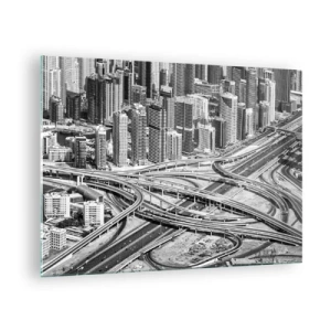 Glass picture - Black and white panorama of the city with a motorway junction - 70x50cm - Dubai - Impossible City - Modern wall decoration for the living room and bedroom ARTTOR