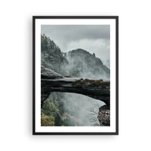 Poster in black frame - A photograph of a mysterious rock bridge shrouded in fog in a mountain landscape. - 50x70cm - Adventure Is About to Start - Modern wall decoration for the living room and bedroom ARTTOR