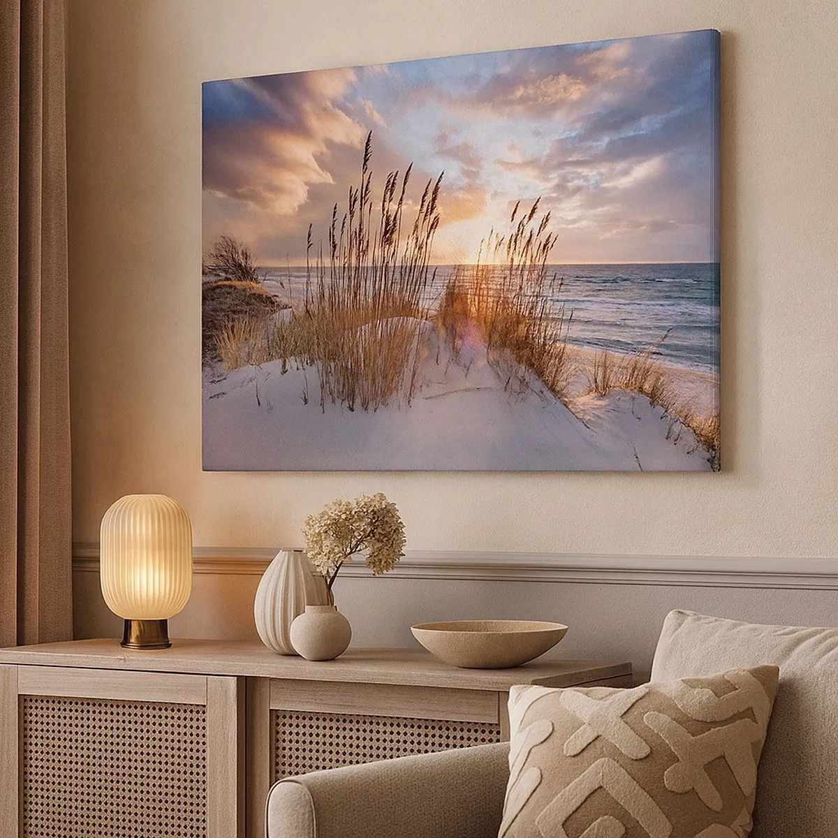 Canvas picture - Dunes with grasses against the backdrop of the setting sun - 70x50cm - Farewell to the Sun and Wind - Modern wall decoration for the living room and bedroom ARTTOR