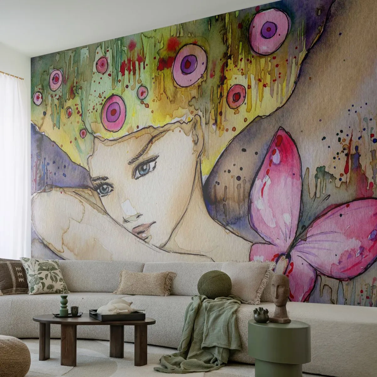 Photo Wallpaper Standard Eco - Butterfly Princess - Abstraction, Woman, Watercolors - 200x140 cm