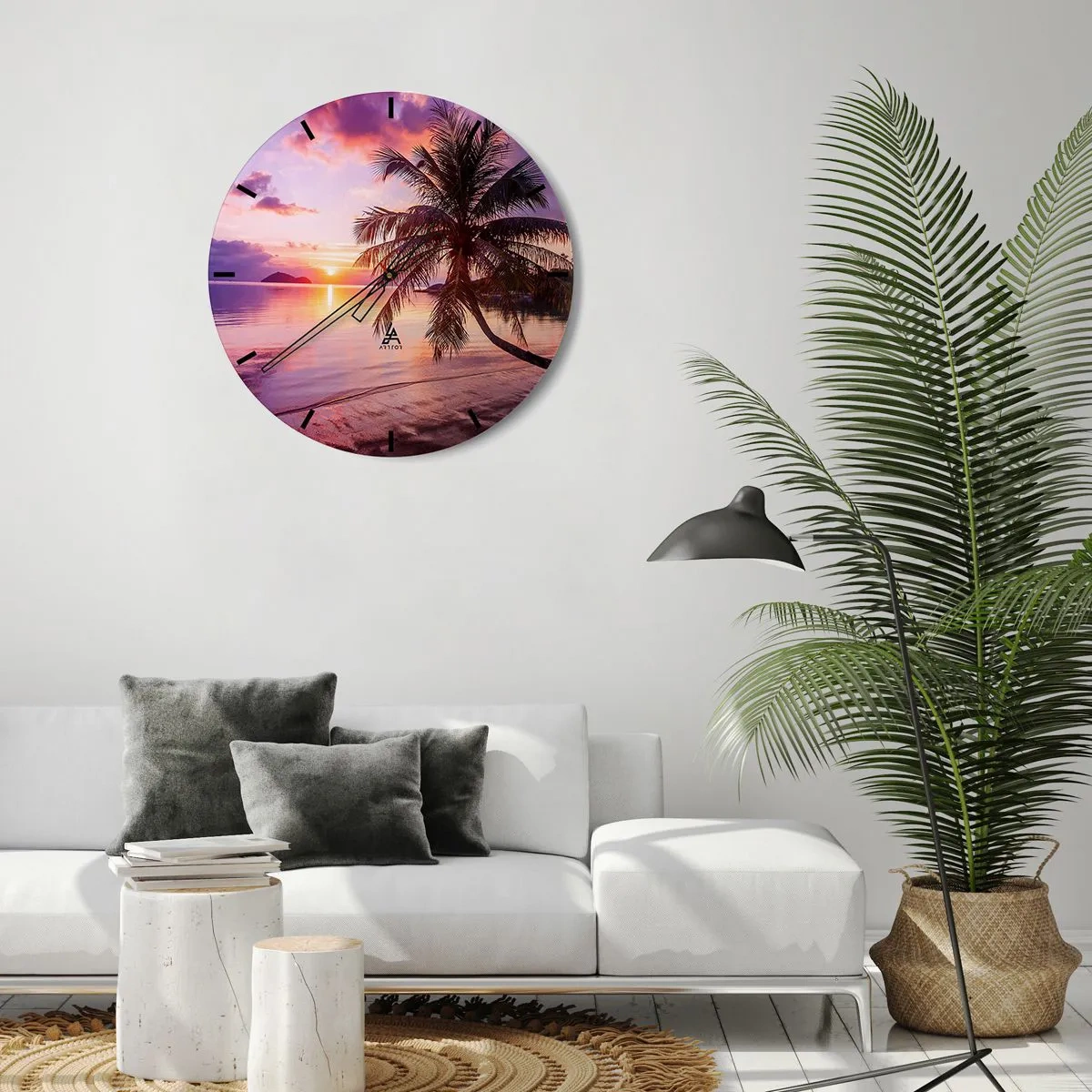 Wall clock - Clock on glass - Palm tree on the seashore at sunset - 30x30cm - Bliss up to the Horizon - Modern wall decoration for the living room, kitchen, and bedroom ARTTOR