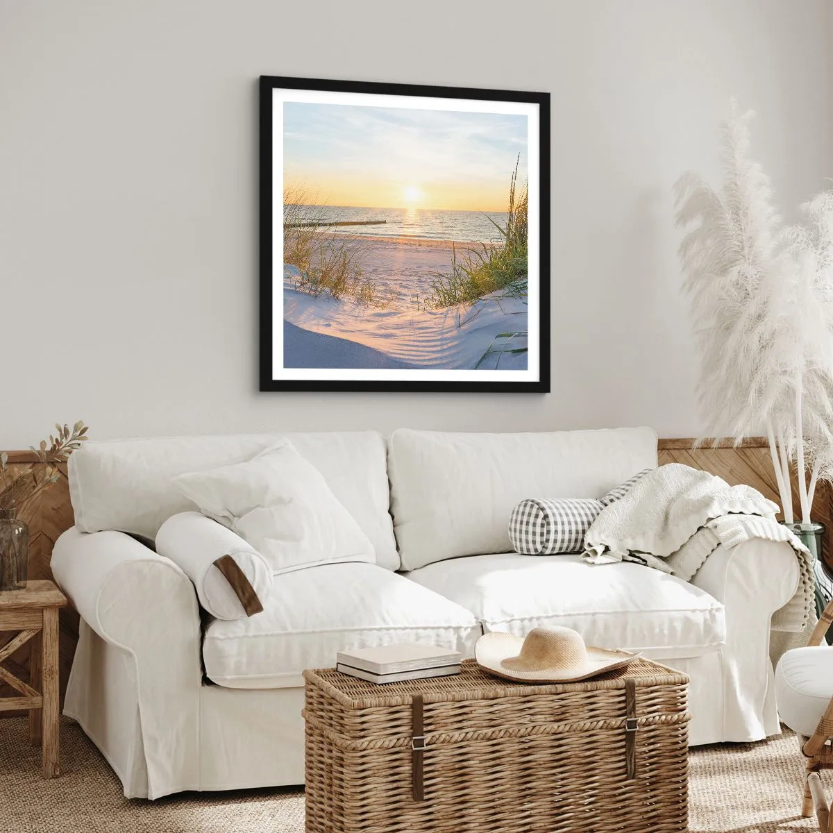 Poster in black frame - Sound of the Sea, Singing of the Birds, Wild Beach among Grass - 50x50 cm