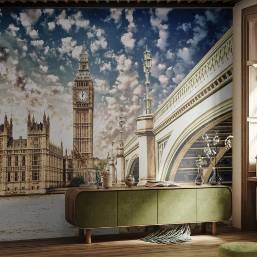 Photo Wallpaper Standard Eco - Panorama of the city with historic architecture and a bridge - 100x70cm - Clouds over the Thames - Modern wall decoration for the living room and bedroom ARTTOR