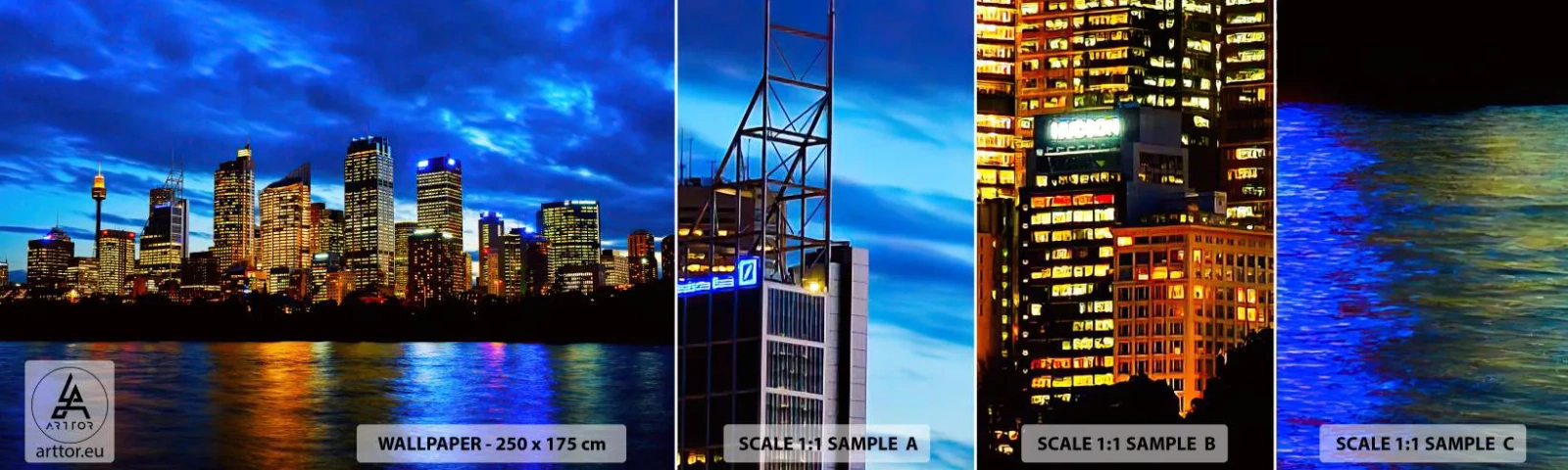 Photo Wallpaper Sample Self-Adhesive Deluxe Sticker - Night of Lights and Colours - City, Sydney, Architecture - 100x30 cm