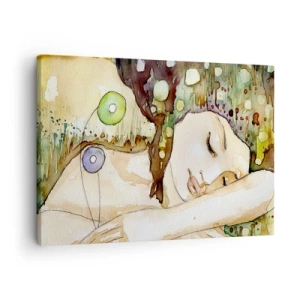 Canvas picture - A woman dreaming surrounded by abstract shapes and colors. - 70x50cm - Emerald and Violet Dream - Modern wall decoration for the living room and bedroom ARTTOR