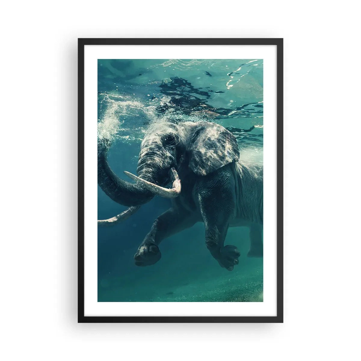 Poster in black frame - An elephant swimming in turquoise water - 50x70cm - Everyone Likes to Swim - Modern wall decoration for the living room and bedroom ARTTOR