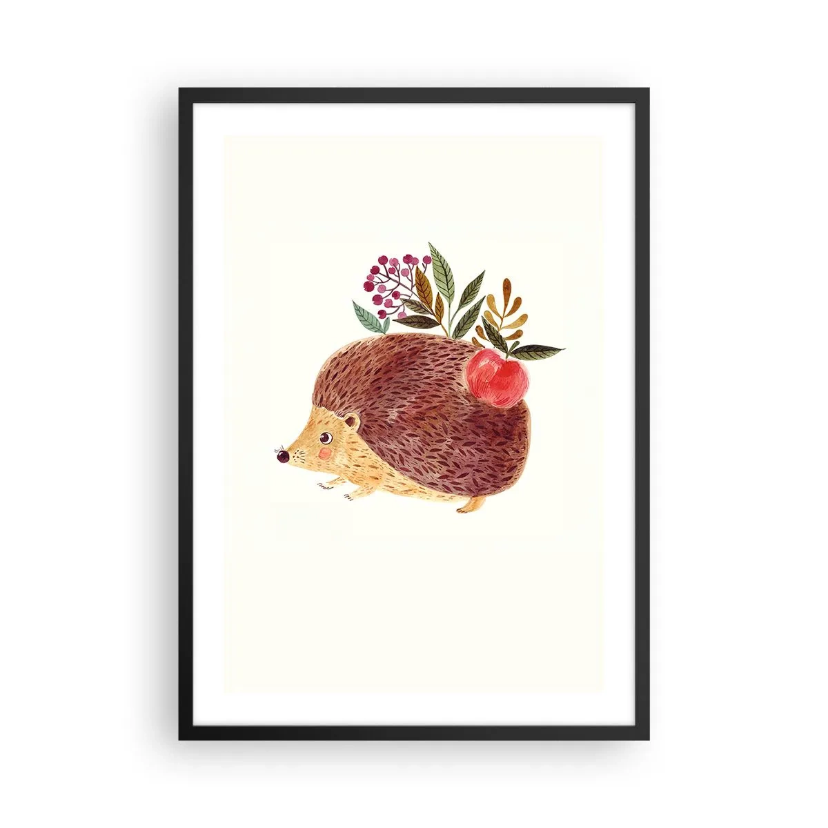 Poster in black frame - A cute hedgehog with an apple and twigs on a light background - 50x70cm - And Now You Like Me! - Modern wall decoration for the living room and bedroom ARTTOR