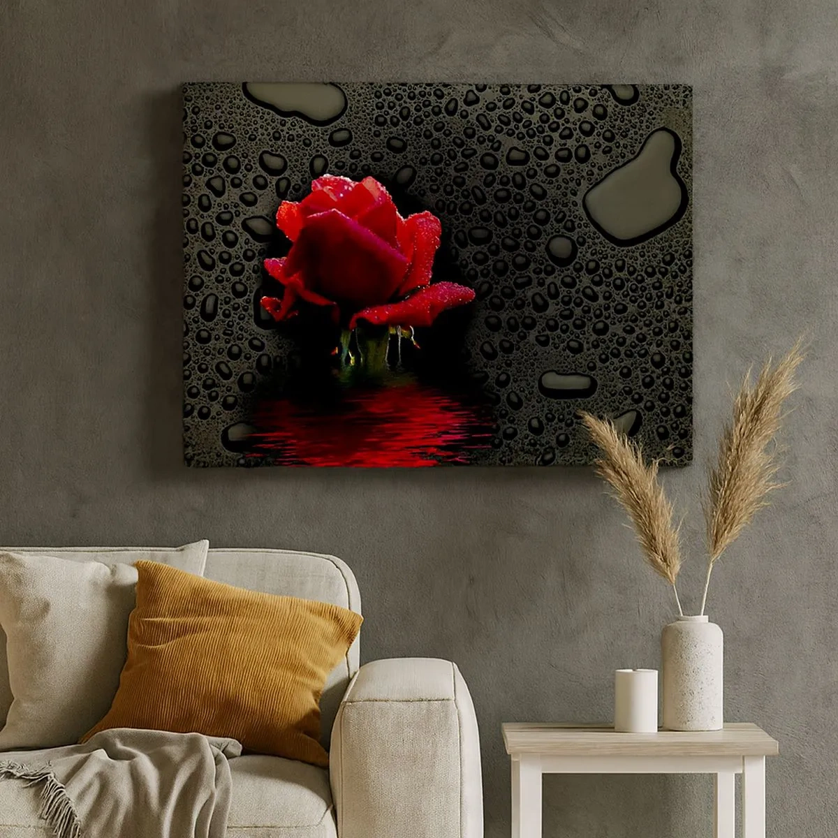 Canvas picture - Red rose with water drops on a dark background - 70x50cm - Red and Black - Modern wall decoration for the living room and bedroom ARTTOR