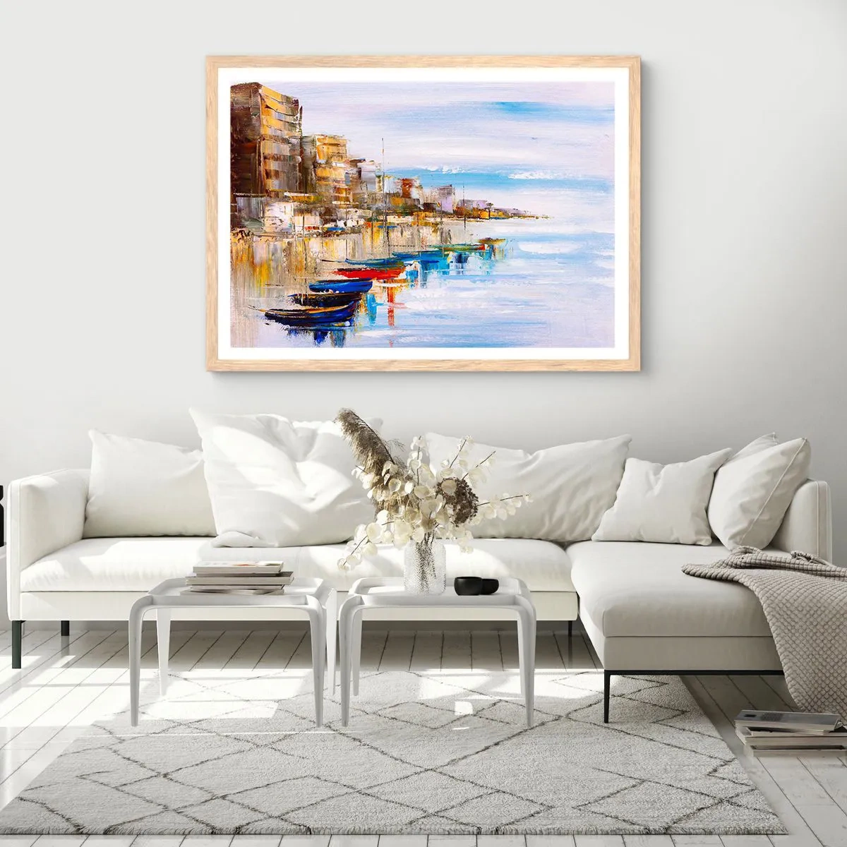Poster in light oak frame - Multicolour Town Marina - 91x61 cm