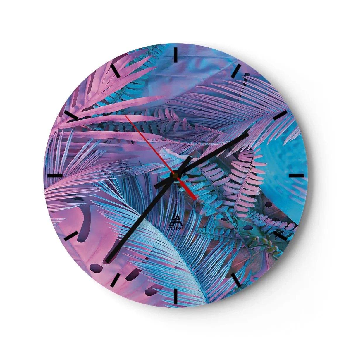 Wall clock - Clock on glass - An abstract composition of palm leaves in shades of pink and blue. - 30x30cm - Tropics in Pink and Blue - Modern wall decoration for the living room, kitchen, and bedroom ARTTOR