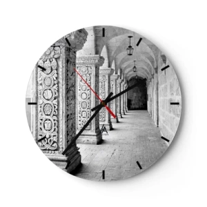 Wall clock - Clock on glass - Black and white arcade corridor with carved columns - 30x30cm - Where is this Going...? - Modern wall decoration for the living room, kitchen, and bedroom ARTTOR
