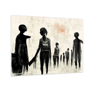 Glass picture - Black figures in motion on a light background with a red texture - 70x50cm - Against Solitude - Modern wall decoration for the living room and bedroom ARTTOR