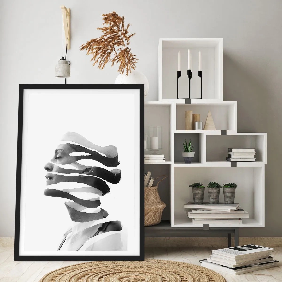 Poster in black frame - Black and white portrait of a woman in a minimalist style - 50x70cm - Surrealistic Portrait - Modern wall decoration for the living room and bedroom ARTTOR