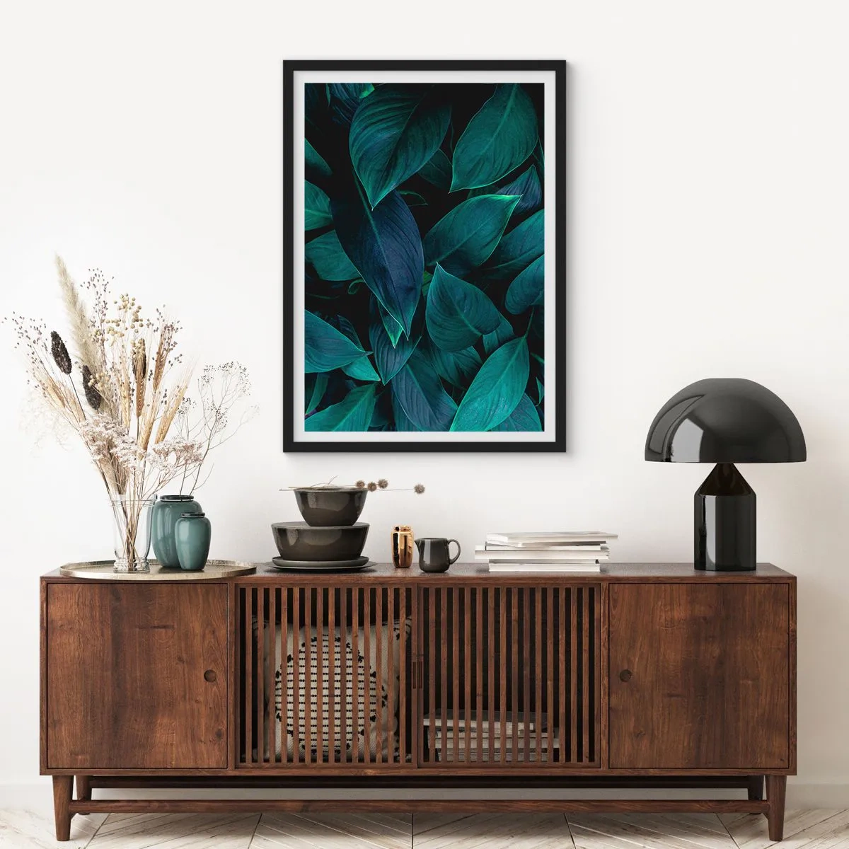 Poster in black frame - Dark green leaves with subtle backlighting - 50x70cm - The Green Itself - Modern wall decoration for the living room and bedroom ARTTOR