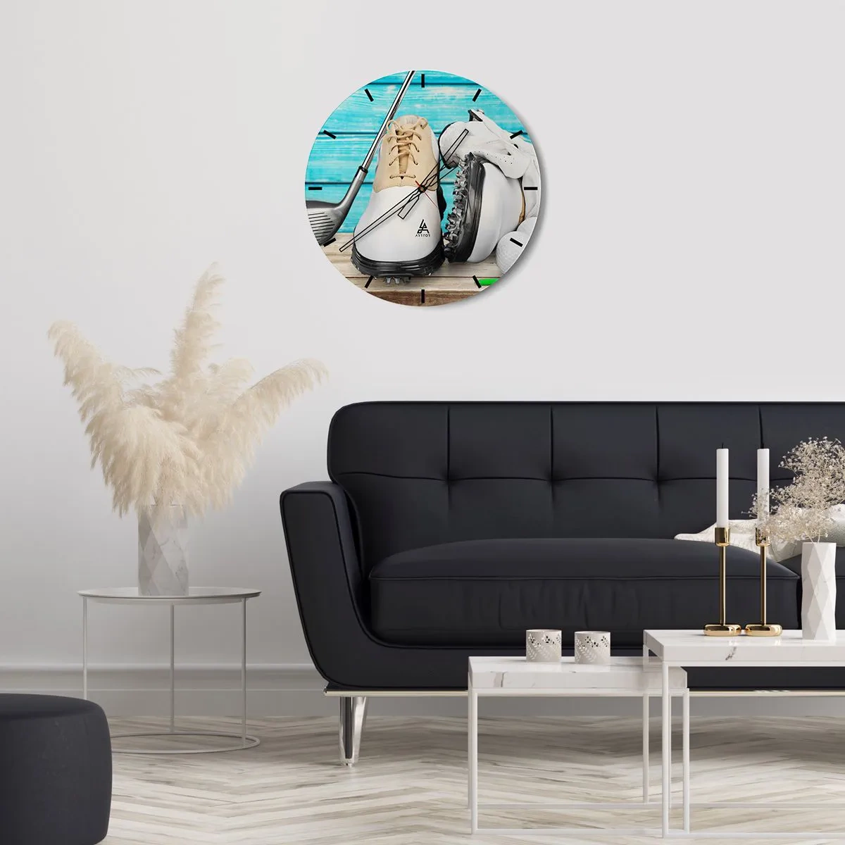 Wall clock - Clock on glass - Golf shoes, a golf club, and balls against a blue wooden background - 30x30cm - Everything Is Ready - Modern wall decoration for the living room, kitchen, and bedroom ARTTOR
