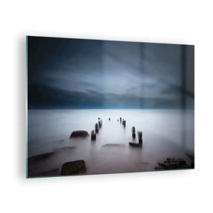 Glass picture - Atmospheric seaside scenery with wooden pilings - 70x50cm - Pensive Lake - Modern wall decoration for the living room and bedroom ARTTOR