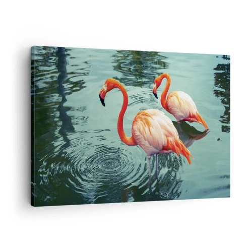 Canvas picture - Two flamingos in the calm water reflecting their surroundings - 70x50cm - We Are En Vogue Now - Modern wall decoration for the living room and bedroom ARTTOR
